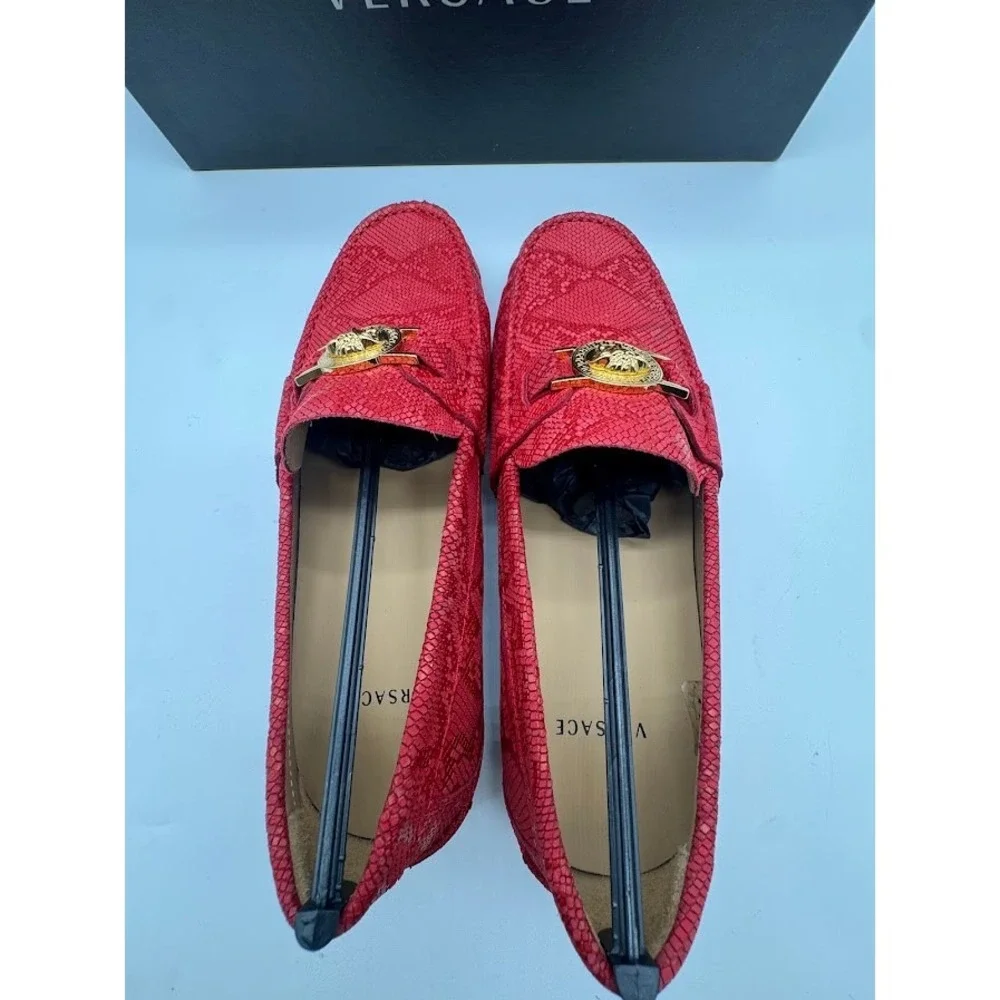 Versace Medusa Driver Loafers Red Python Print Nubuck Mens US 7.5 EU 39 NIB